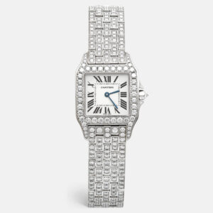 Cartier Silver 18k White Gold Diamond Santos Demoiselle WF9010YA Women's Wristwatch 26 mm