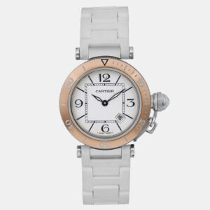 Cartier White 18k Rose Gold Stainless Steel Pasha Seatimer W3140001 Quartz Women's Wristwatch 33 mm