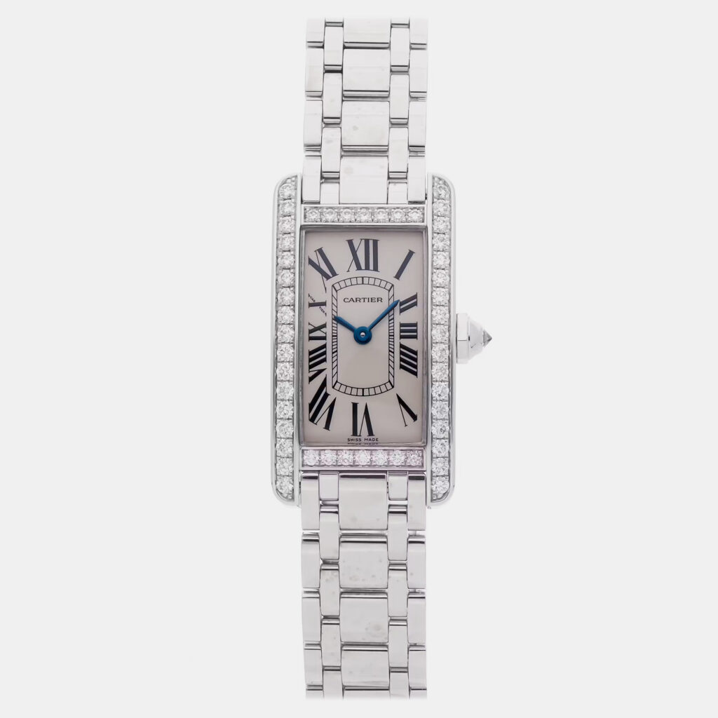 luxury-women-cartier-used-watches-p1162439-003 Cartier Tank Americaine WB7073L1 Quartz White Gold Silver Dial Women's Wristwatch 18mm