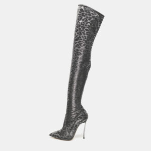 Casadei Grey Leopard Print Lurex Fabric Thigh High Boots Size 36