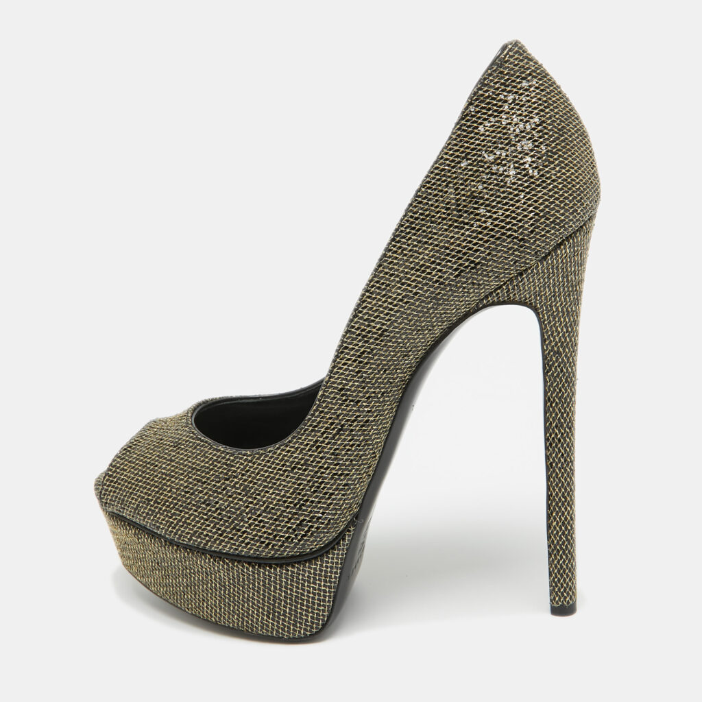 luxury-women-casadei-new-shoes-p954855-001 Casadei Gold/Black Glitter & Lame Fabric Daisy Peep Toe Pumps Size 38.5
