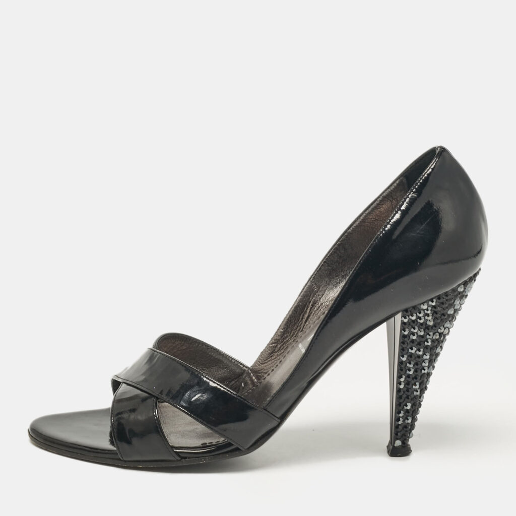 luxury-women-casadei-used-shoes-p1046984-003 Casadei Black Patent Leather Crystal Embellished Heel Open Toe Pumps Size 38