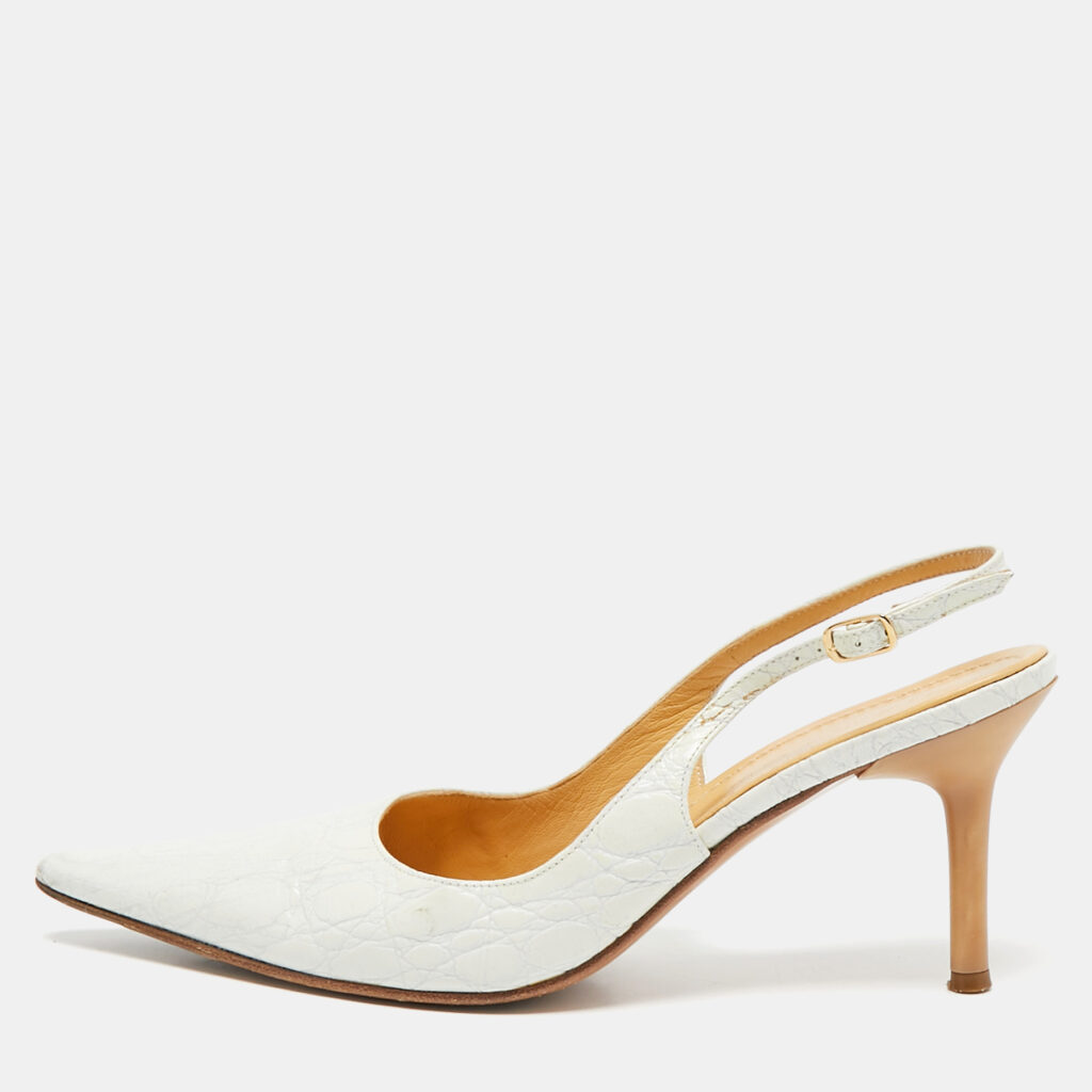 luxury-women-casadei-used-shoes-p1087743-002 Casadei White Leather Pointed Toe Slingback Pumps Size 37.5