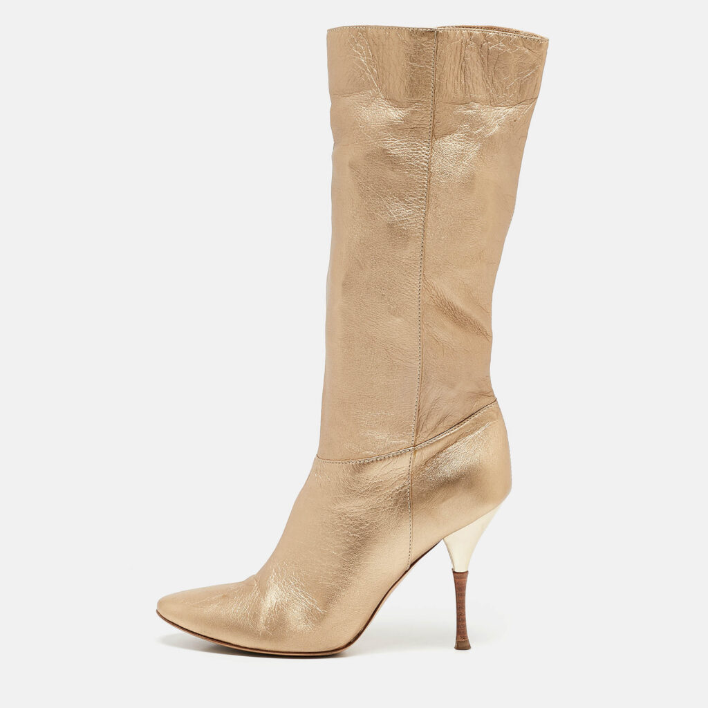luxury-women-casadei-used-shoes-p1092611-010 Casadei Gold Leather Mid Calf Boots Size 37