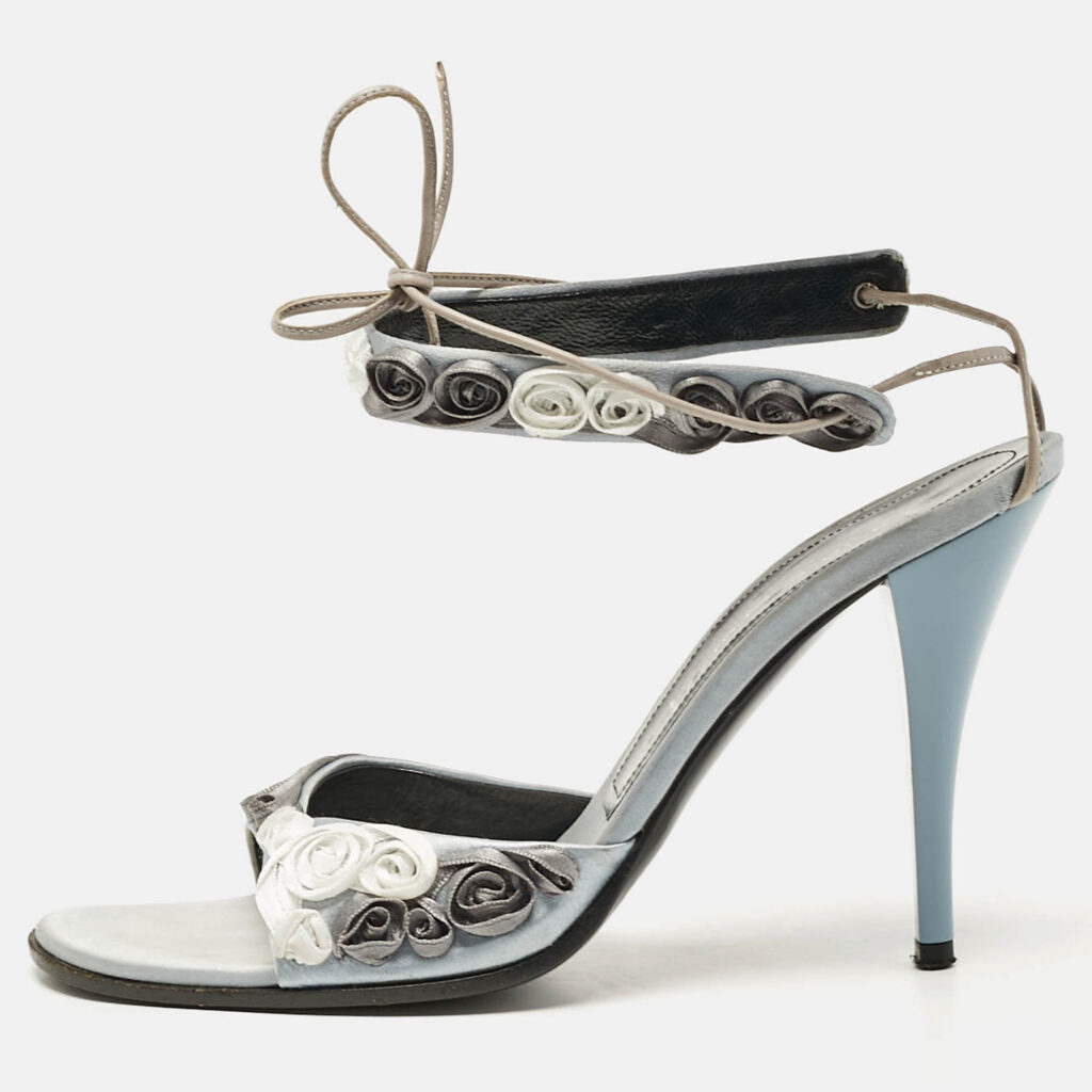 luxury-women-casadei-used-shoes-p1094033-011 Casadei Grey Satin Floral Ankle Tie Up Sandals Size 38