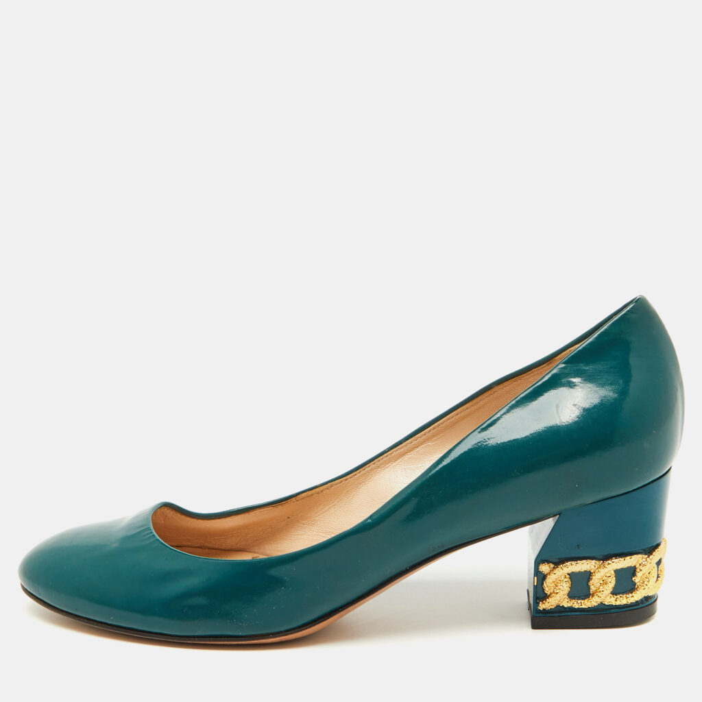 luxury-women-casadei-used-shoes-p1103739-010 Casadei Teal Green Patent Leather Chain Block Heel Round Toe Pumps Size 38