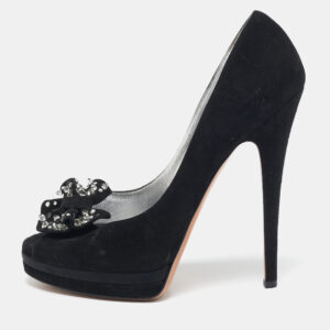 Casadei Black Suede Crystal Embellished Bow Peep Toe Pumps Size 38.5