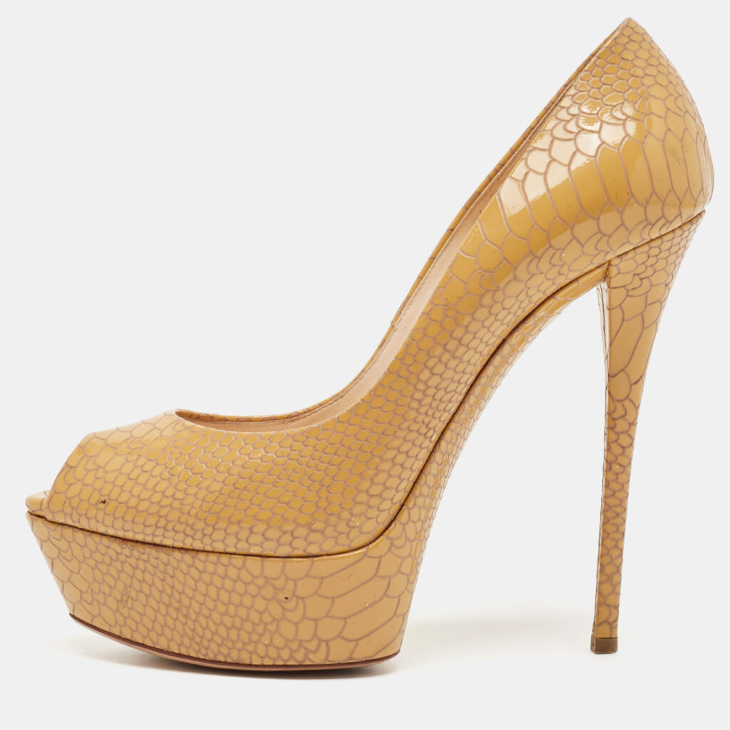 Casadei Brown Python Embossed Leather Peep Toe Pumps Size 39