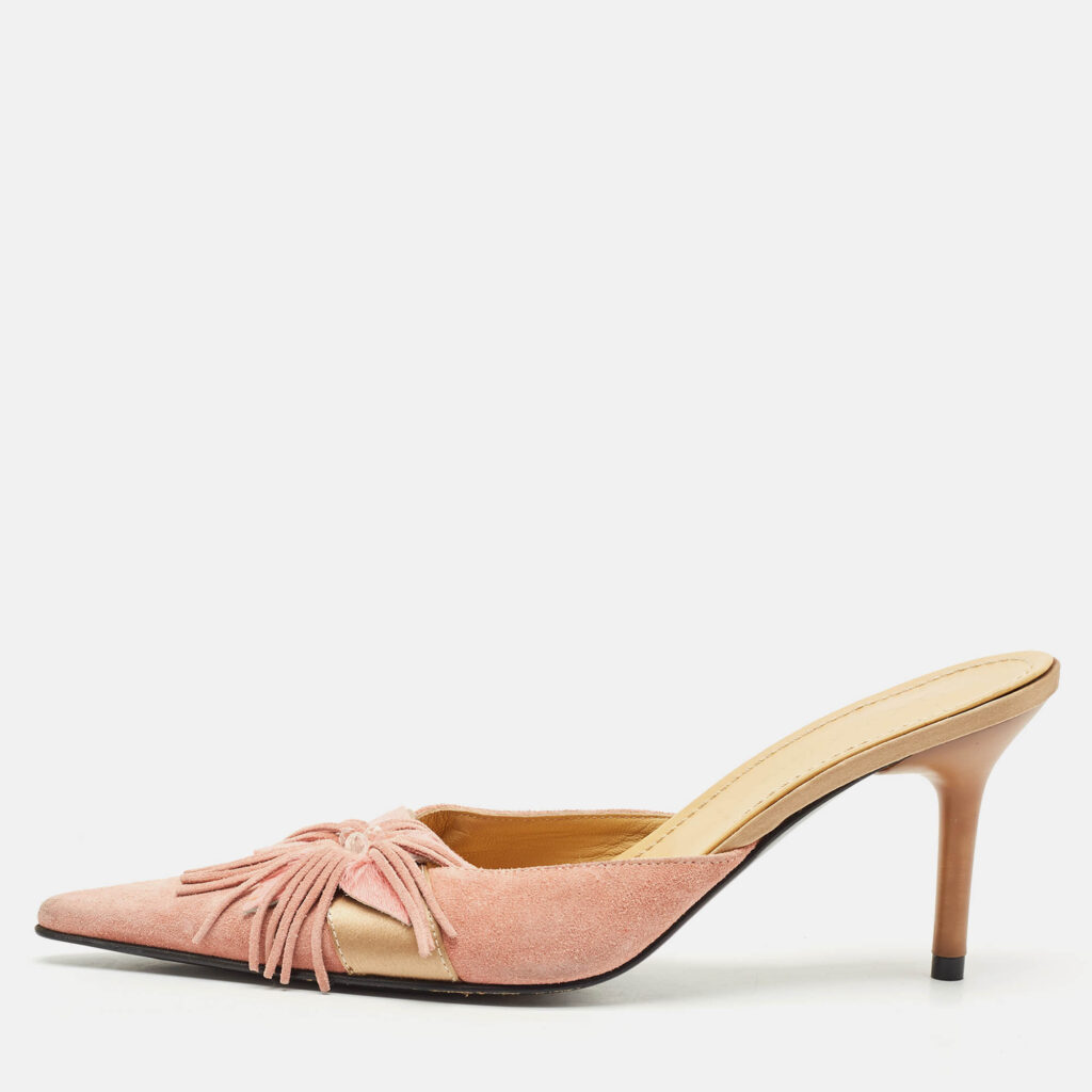 luxury-women-casadei-used-shoes-p1148676-010 Casadei Pink/Gold Suede Flower Crystal Embellished Pointed Toe Mules Size 38.5