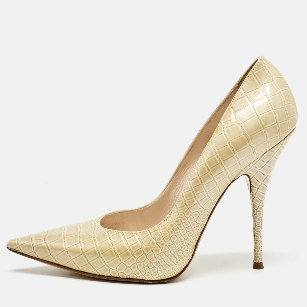luxury-women-casadei-used-shoes-p1151967-010 Casadei Beige Croc Embossed Patent Leather Pointed Toe Pumps Size 38.5