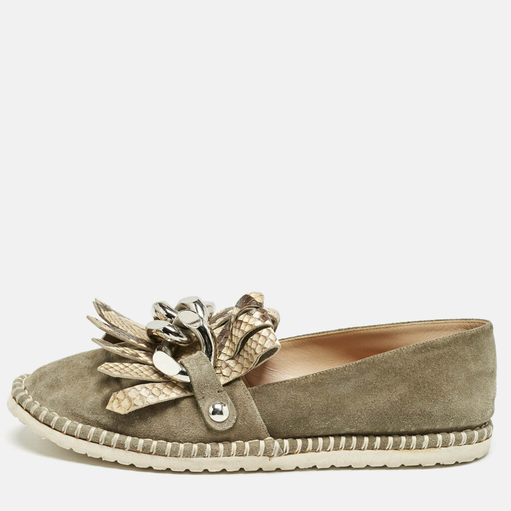 luxury-women-casadei-used-shoes-p1155766-010 Casadei Grey Python Embossed Leather and Suede Chain Smoking Slippers Size 37
