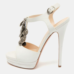 Casadei White Leather Embellished T-Strap Sandals Size 39