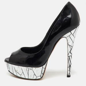 Casadei Black Patent Leather Mosaic Mirror Heel Peep Toe Platform Pumps Size 36