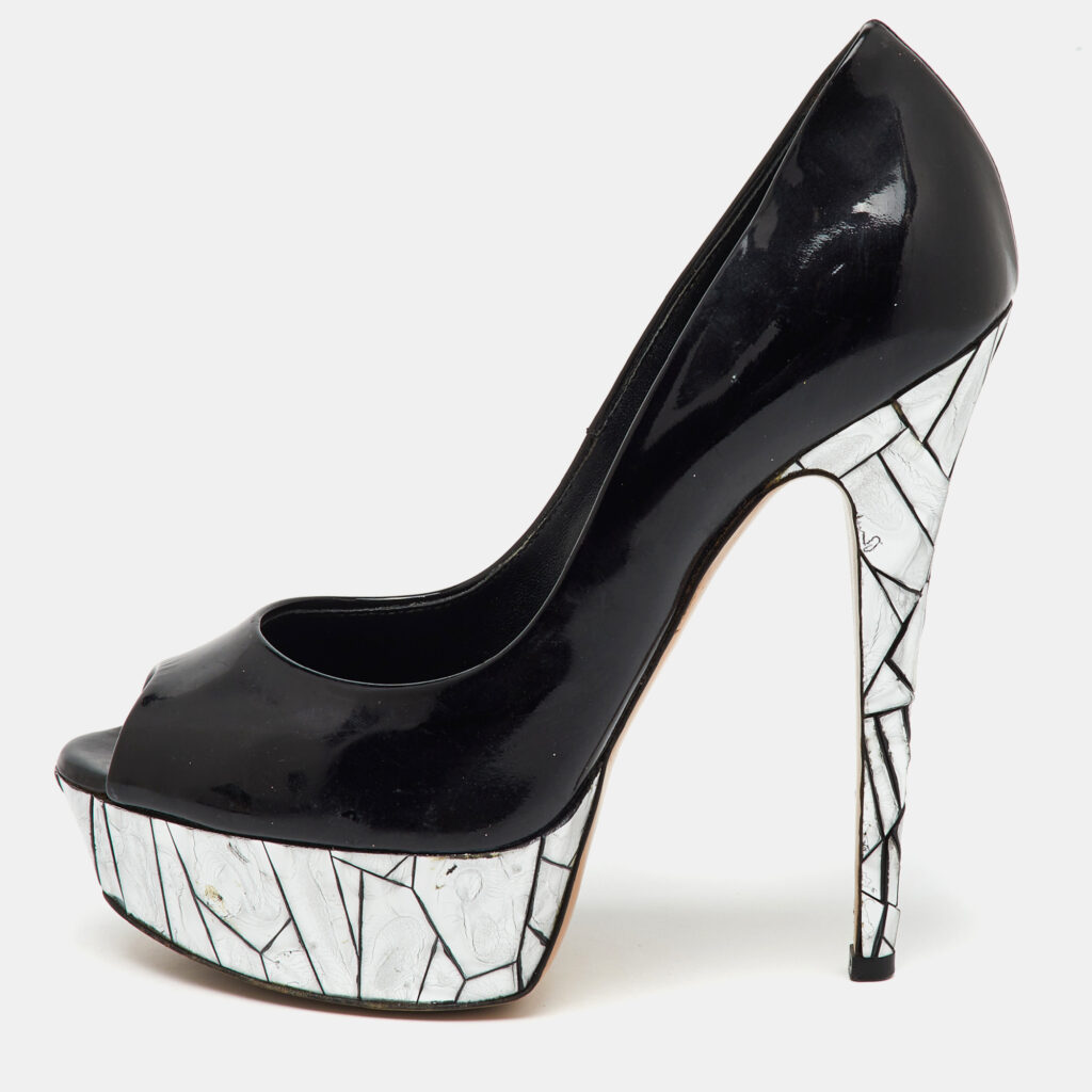 luxury-women-casadei-used-shoes-p1159627-008 Casadei Black Patent Leather Mosaic Mirror Heel Peep Toe Platform Pumps Size 36