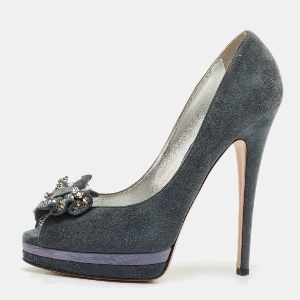 luxury-women-casadei-used-shoes-p1162460-003 Casadei Grey Suede Crystal Embellished Bow Peep Toe Pumps Size 38