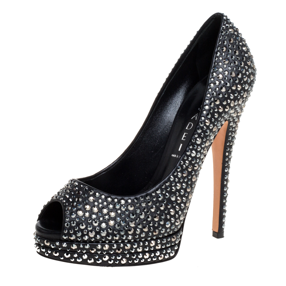 luxury-women-casadei-used-shoes-p373427-006 Casadei Black Leather Swarovski Crystal Embellished Peep Toe Pumps Size 37