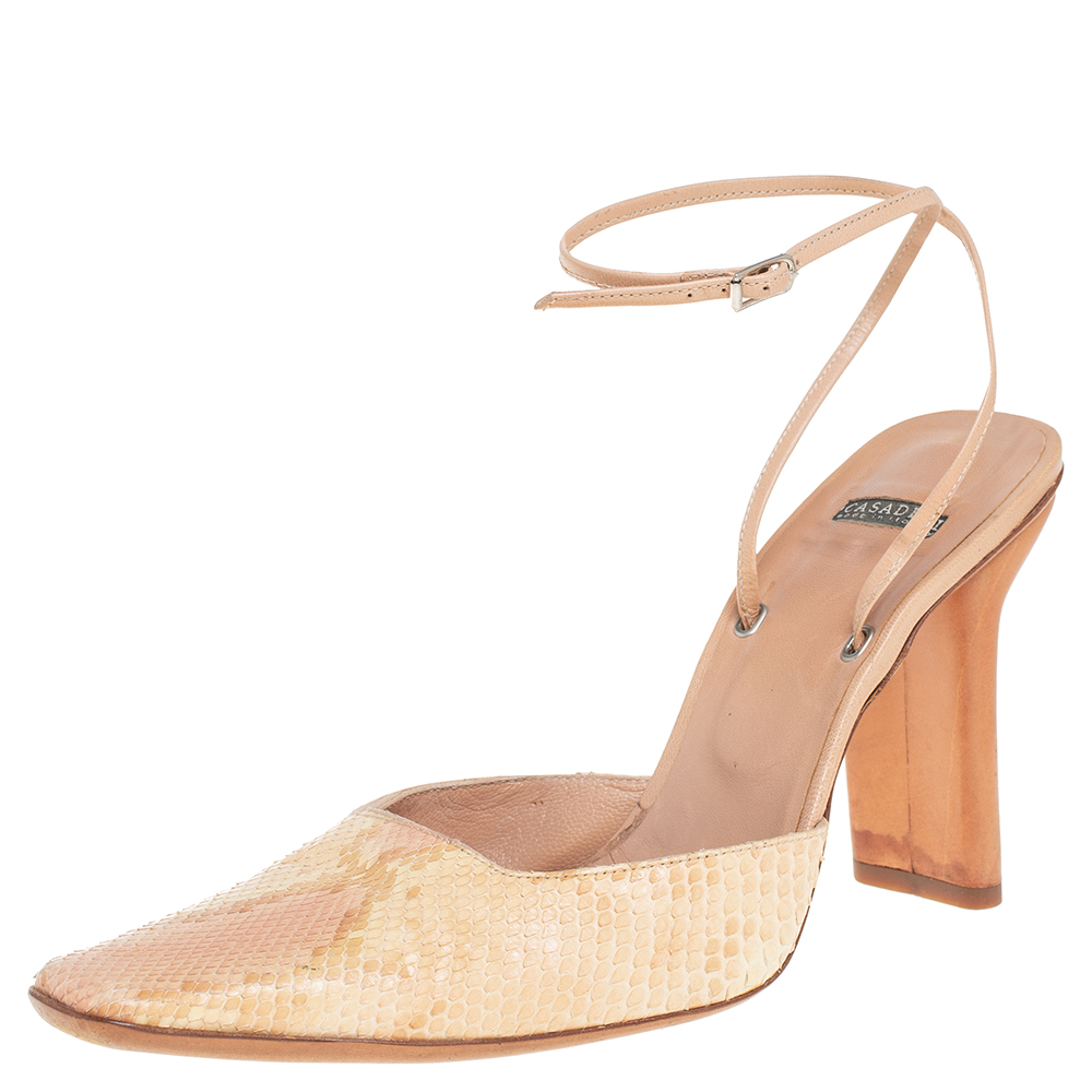 luxury-women-casadei-used-shoes-p403674-007 Casadei Beige Snakeskin Square Toe Ankle Wrap Sandals Size 38.5