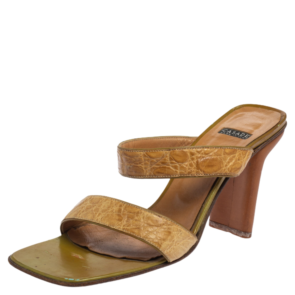 luxury-women-casadei-used-shoes-p465682-008 Casadei Beige Croc Embossed Leather Square Toe Slide Sandals Size 37