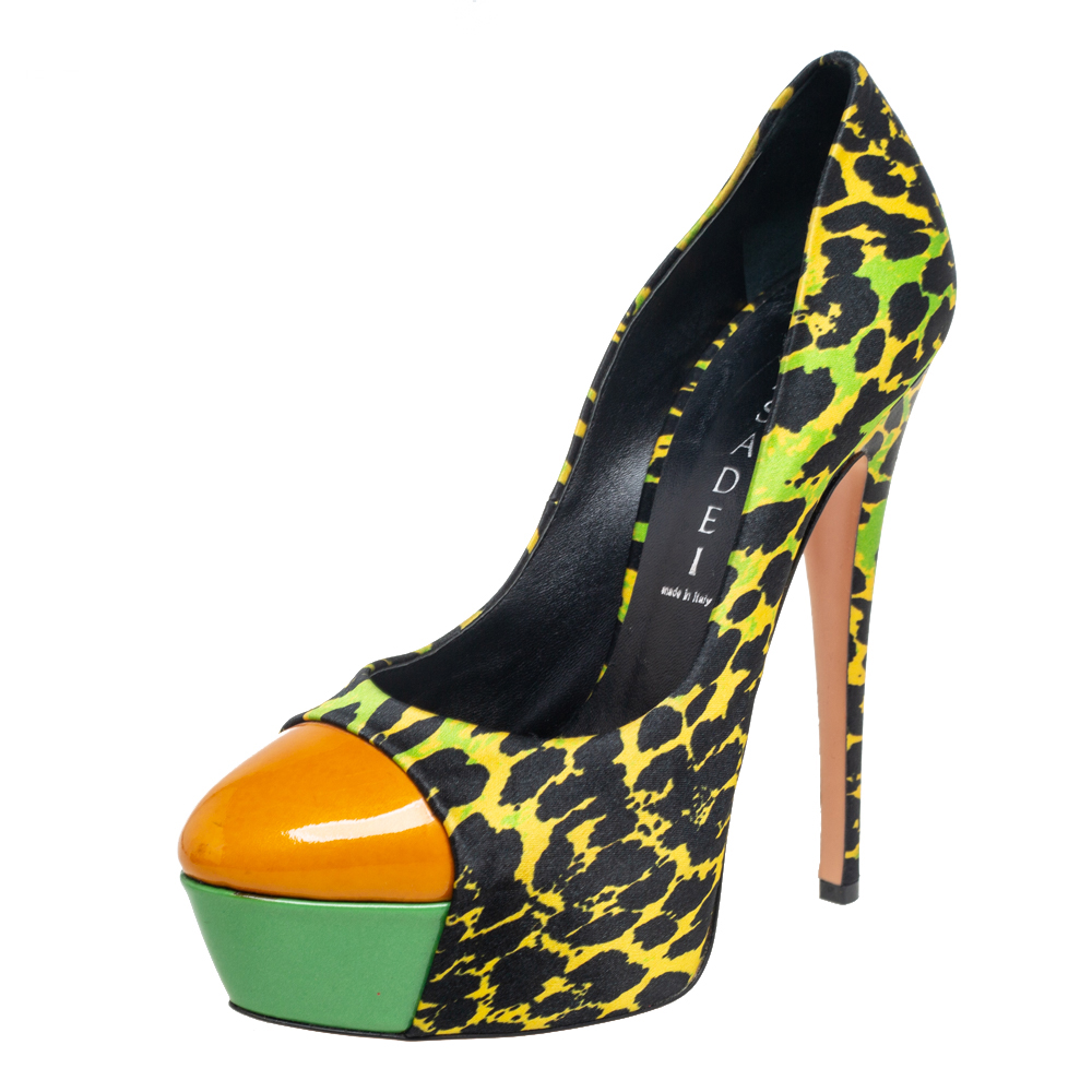 luxury-women-casadei-used-shoes-p542905-001 Casadei Multicolor Satin And Patent Leather Cap Toe Platform Pumps Size 37.5