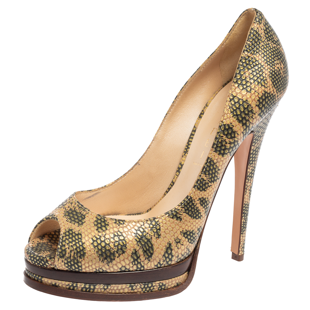 luxury-women-casadei-used-shoes-p589340-004-2 Casadei Beige/Green Lizard Embossed Leather Peep Toe Platform Pumps Size 38