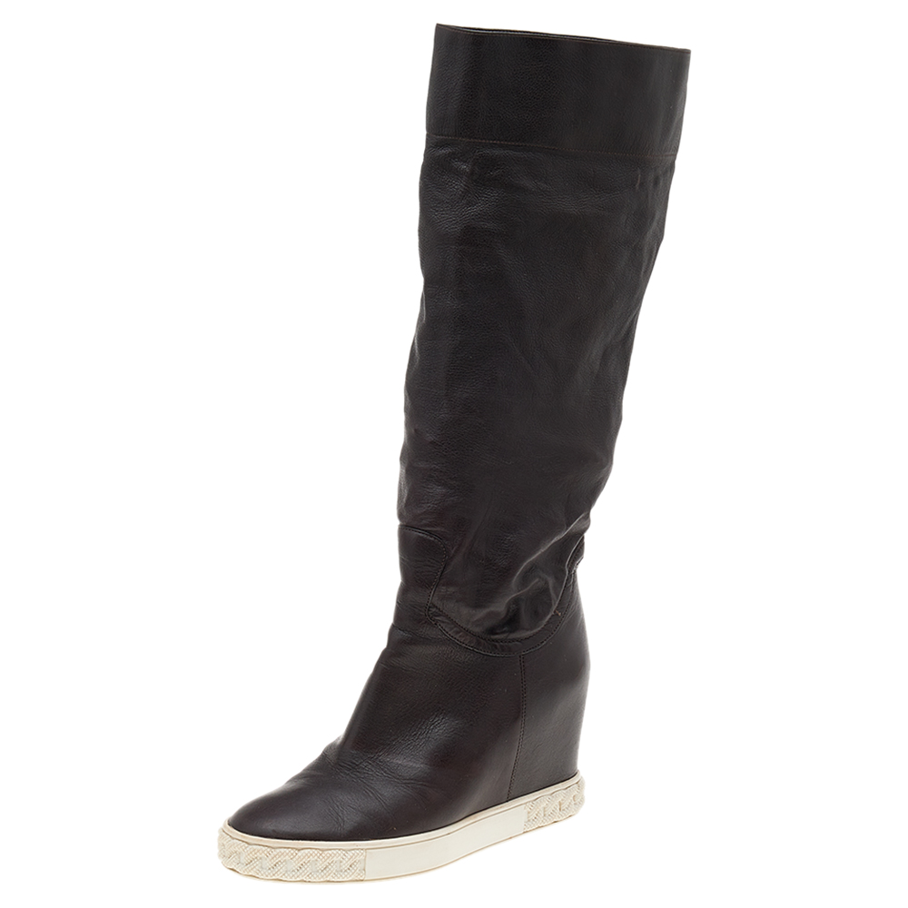luxury-women-casadei-used-shoes-p597805-005-2 Casadei Brown Leather Wedge Mid Calf Boots Size 38
