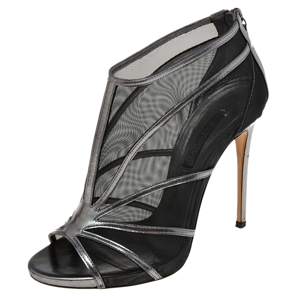 luxury-women-casadei-used-shoes-p602050-004-1 Casadei Metallic Grey/Black Leather and Mesh Open-Toe Ankle Booties Size 38