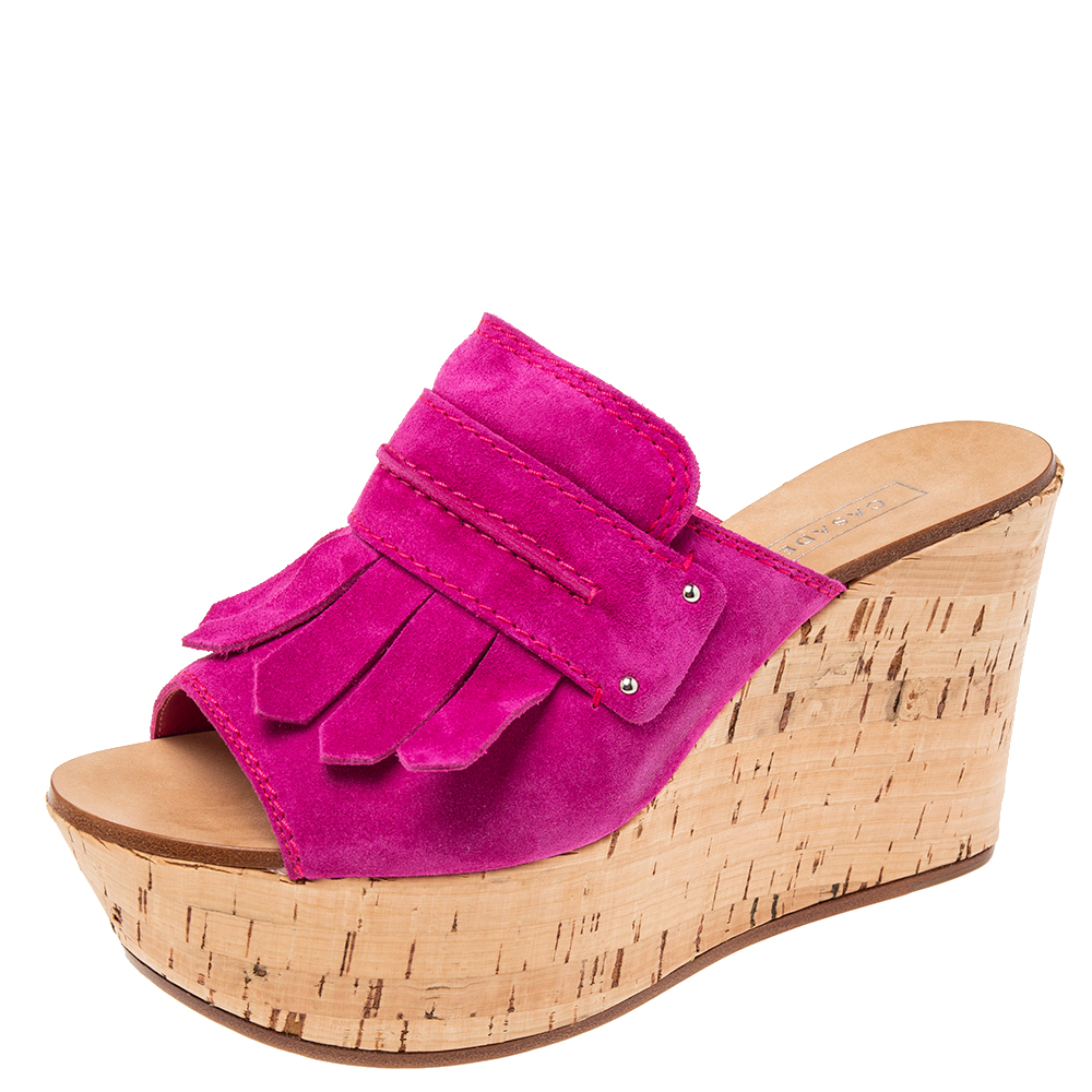 luxury-women-casadei-used-shoes-p604321-003-1 Casadei Pink Suede Tassel Open Toe Cork Platform Wedge Sandals Size 38