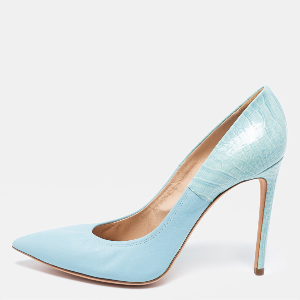 luxury-women-casadei-used-shoes-p630381-001-2 Casadei Blue Croc Embossed Patent And Leather Pointed Toe Pumps Size 39
