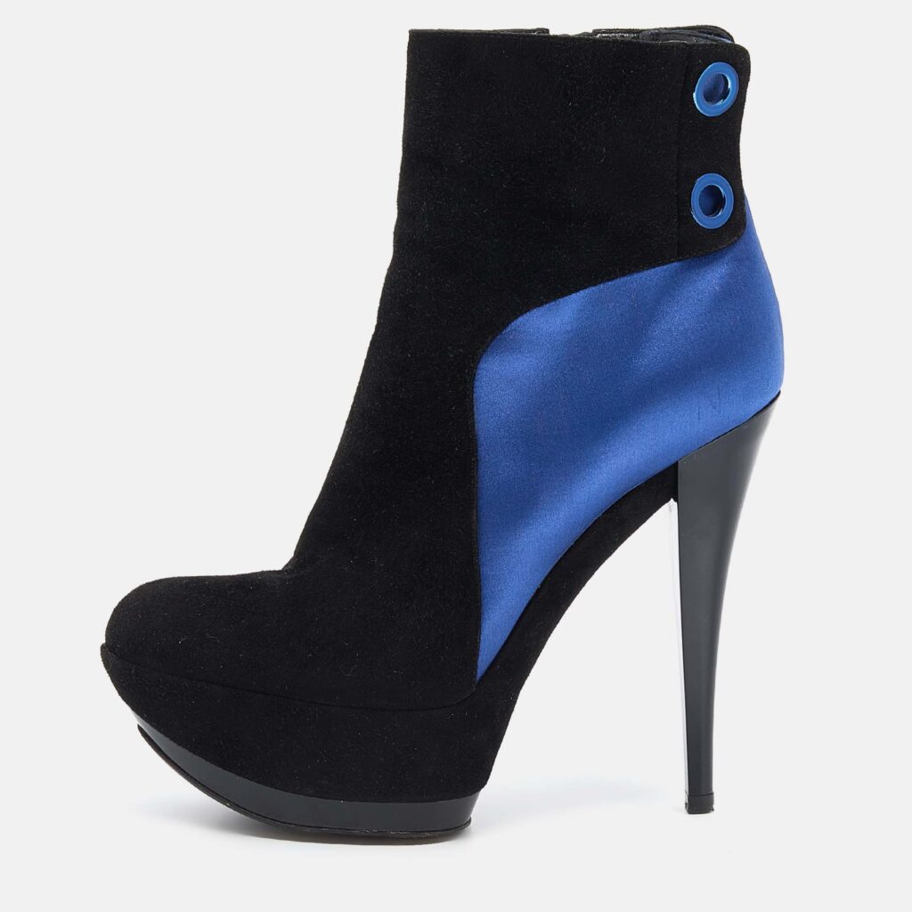 luxury-women-casadei-used-shoes-p639477-003-2 Casadei Black/Blue Suede And Satin Platform Ankle Boots Size 38