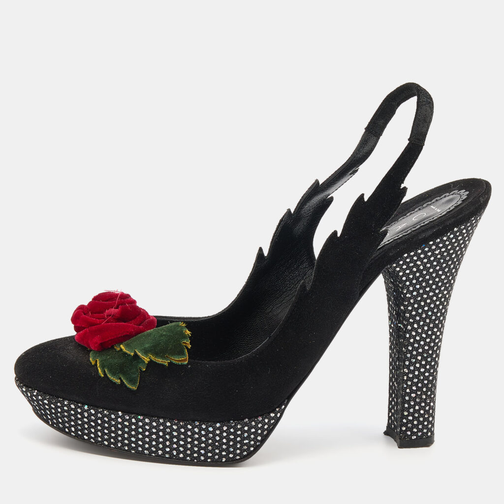 luxury-women-casadei-used-shoes-p639804-003-2 Casadei Black Suede Rose Platform Slingback Sandals Size 38