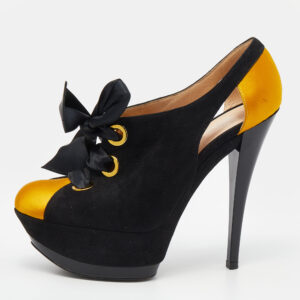 Casadei Black/Yellow Suede And Satin Lace Up Platform Booties Size 37.5