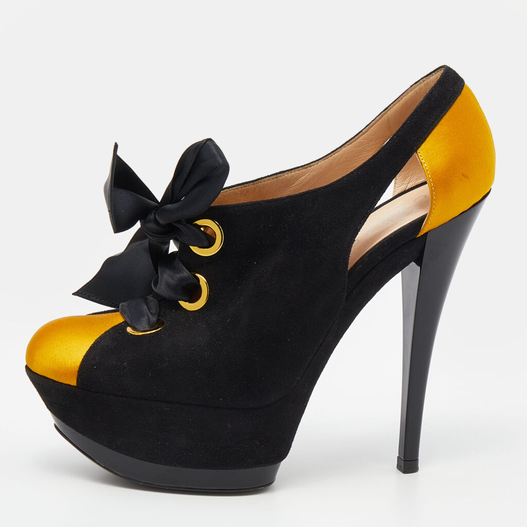 luxury-women-casadei-used-shoes-p642919-002-2 Casadei Black/Yellow Suede And Satin Lace Up Platform Booties Size 37.5