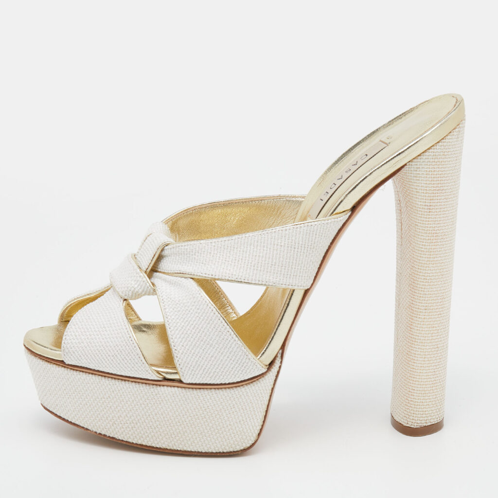 luxury-women-casadei-used-shoes-p645255-001-1 Casadei White/Gold Woven Straw and Leather Platform Sandals Size 39