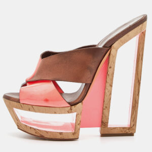 Casadei Brown/Orange Leather and Patent Wedge Platform Slide Sandals Size 36