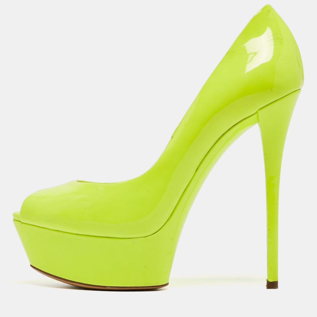 luxury-women-casadei-used-shoes-p911283-001 Casadei Lime Green Patent Leather Daisy Peep Toe Platform Pumps Size 37