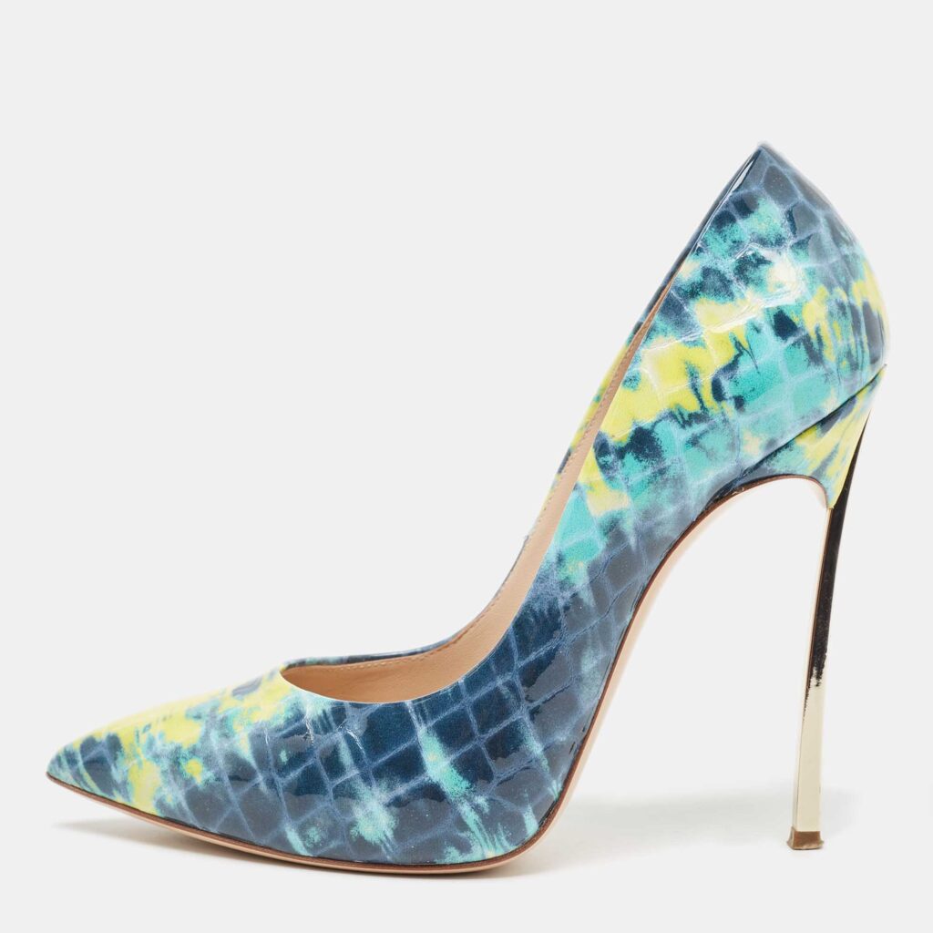 luxury-women-casadei-used-shoes-p933867-003 Casadei Tricolor Textured Patent Leather Blade Pumps Size 37