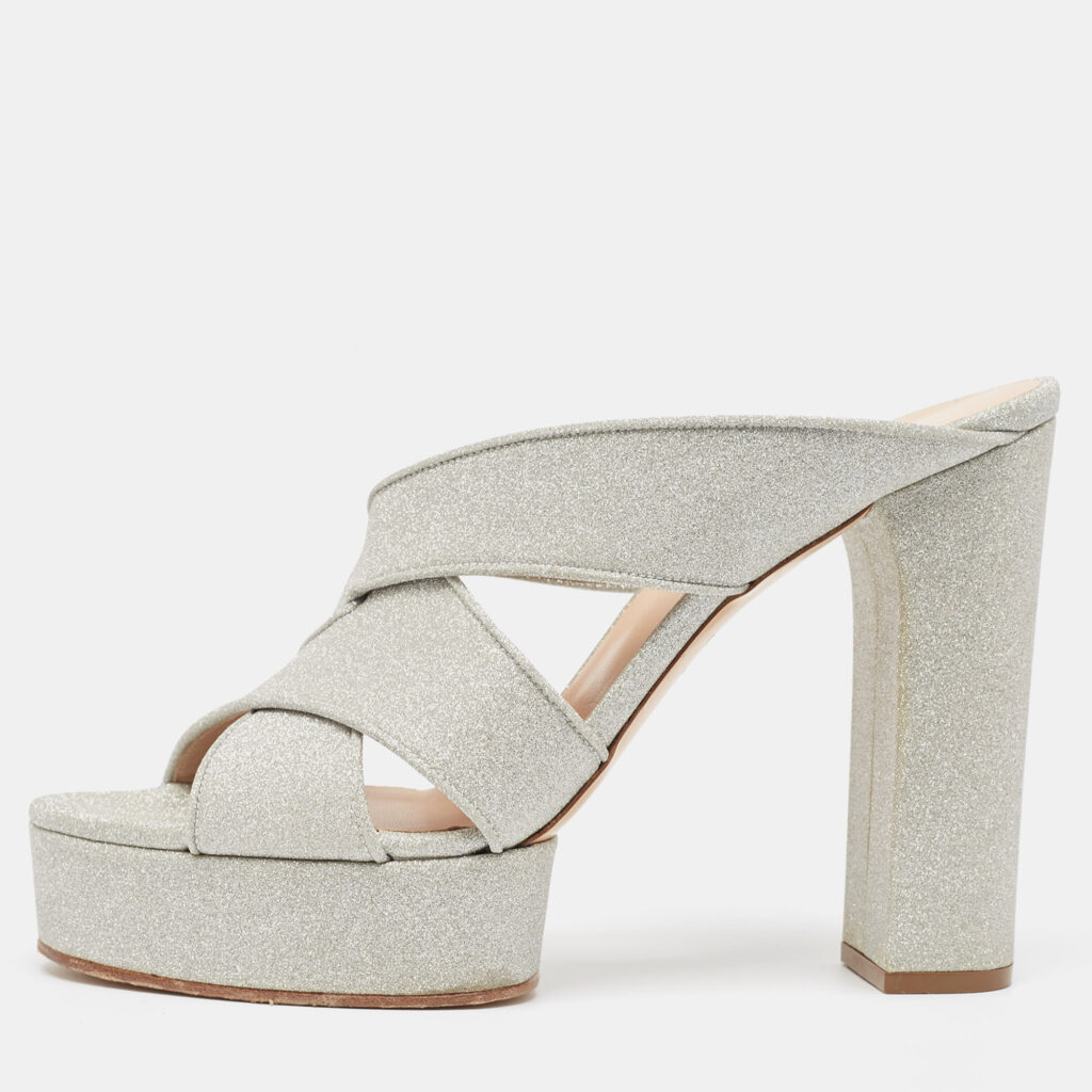 luxury-women-casadei-used-shoes-p950169-010 Casadei Silver Glitter Leather Slide Sandals Size 39.5