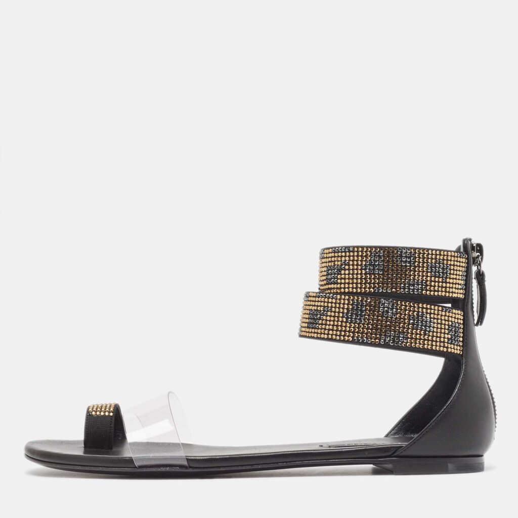 luxury-women-casadei-used-shoes-p961373-003 Casadei Black/Gold Leather and PVC Vinil Ankle Strap Sandals Size 37