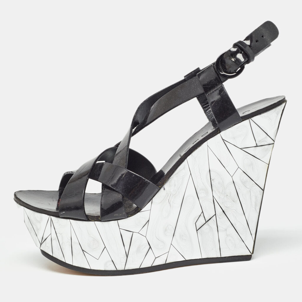 luxury-women-casadei-used-shoes-p996727-001 Casadei Black/Silver Patent Leather Mirrored Crack Wedge Sandals Size 40