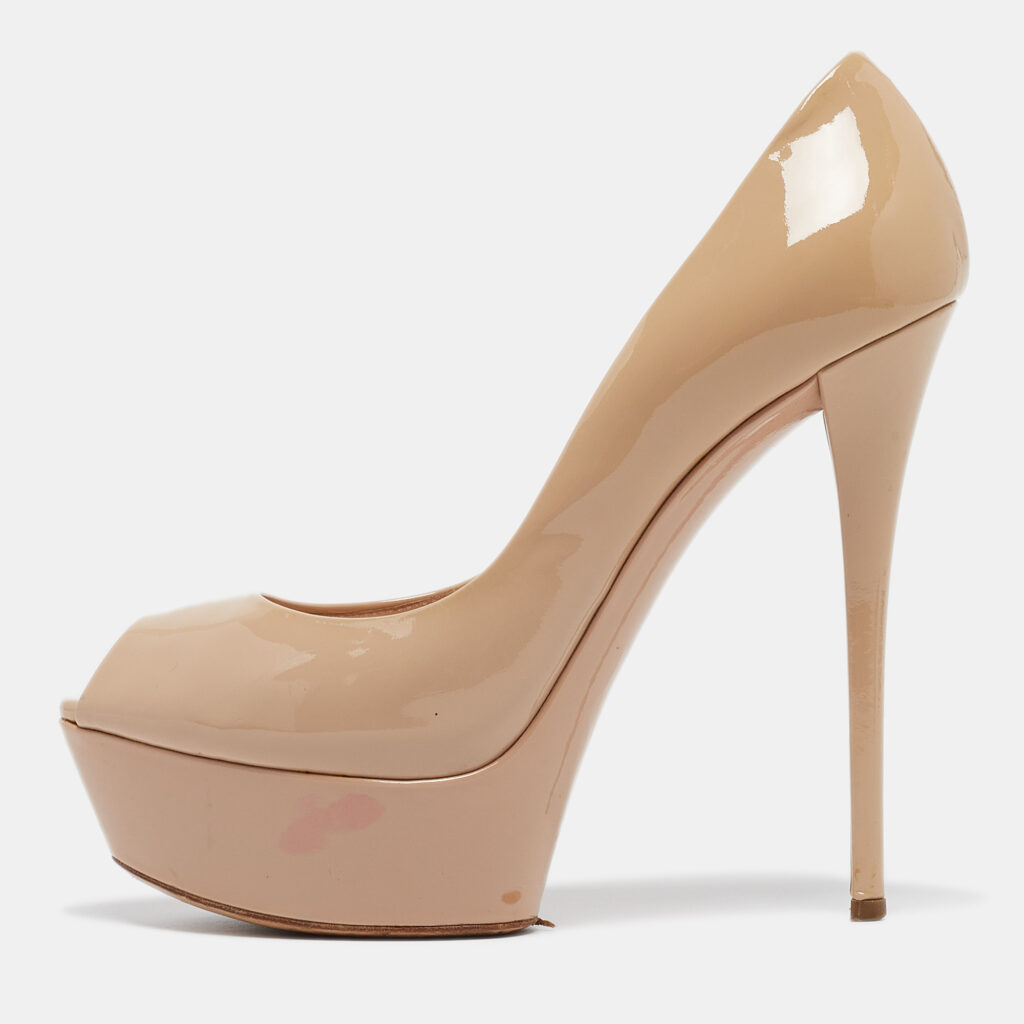 luxury-women-casadei-used-shoes-p998376-001 Casadei Beige Patent Leather Platform Peep Toe Pumps Size 39.5