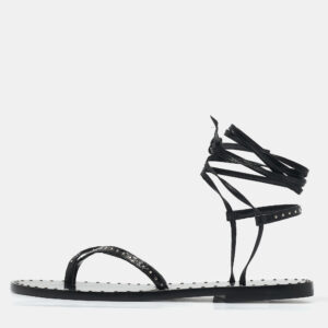 Celine Black Leather Studded Ankle Wrap Flat Sandals Size 36