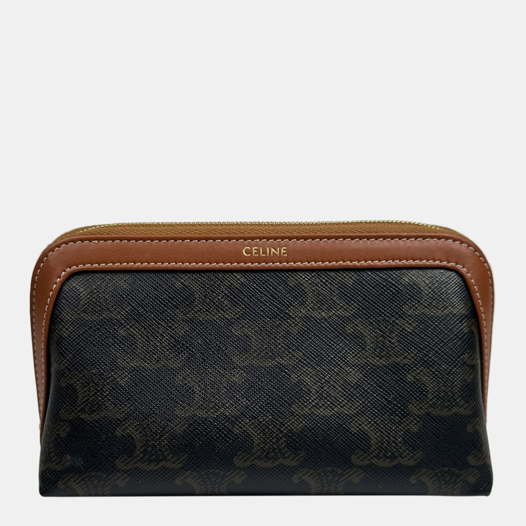luxury-women-celine-used-accessories-p1147337-002 Celine Triomphe Canvas and Calfskin Small Cosmetic Pouch