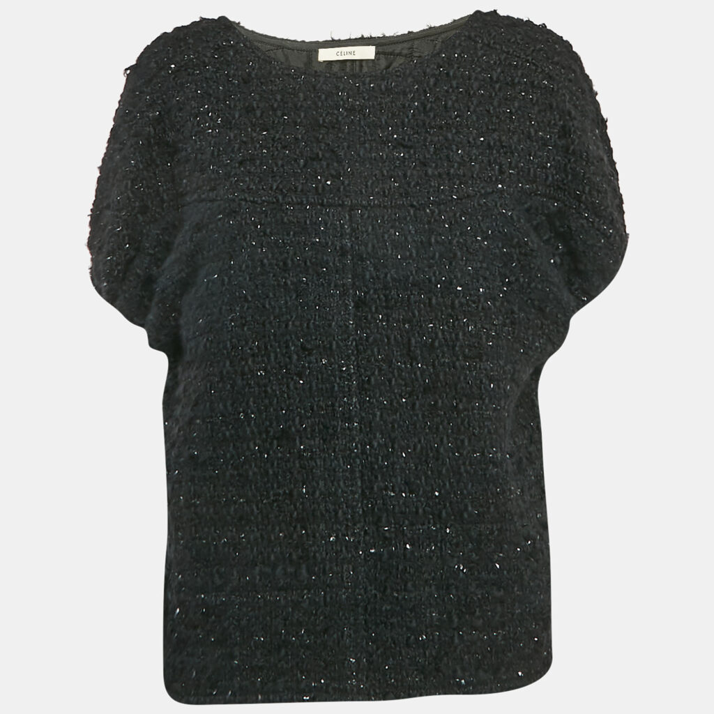 Celine Black Wool Blend Tweed Cape M