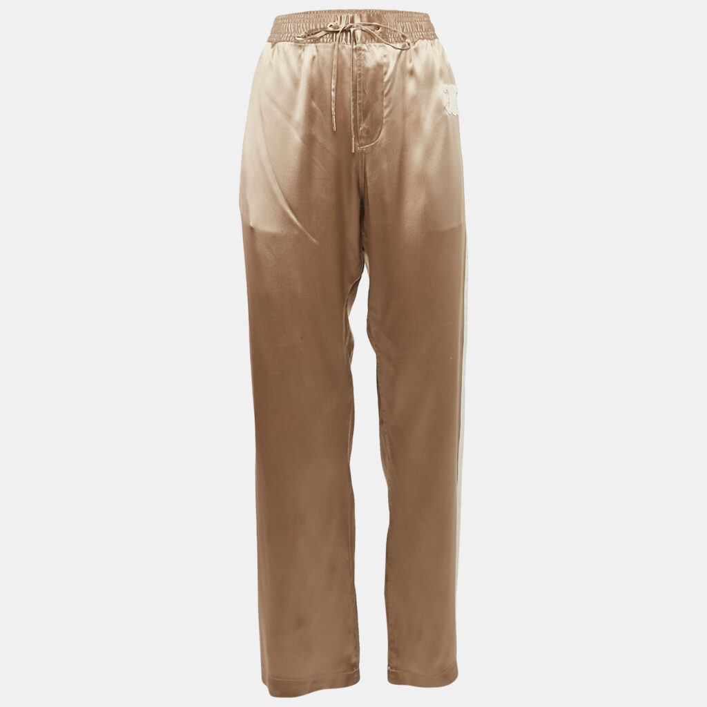 Celine Metallic Beige Satin Logo Applique Detail Side Trimmed Trousers M