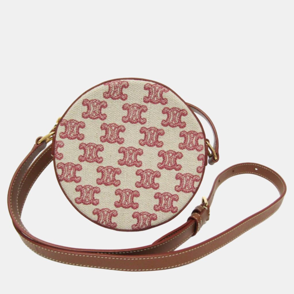 luxury-women-celine-used-handbags-p1024622-002 Celine Beige/Brown Canvas Triomphe Round Shoulder Bag
