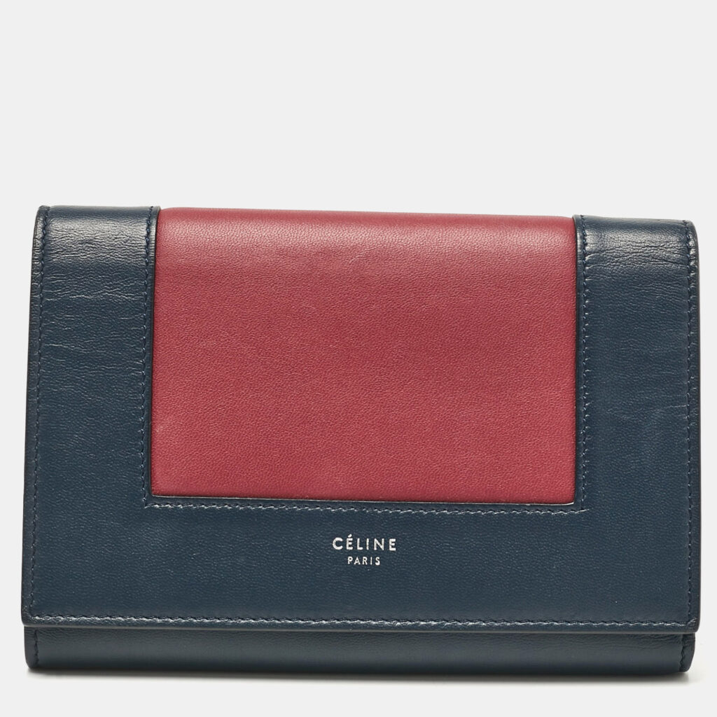 luxury-women-celine-used-handbags-p1070359-012 Celine Navy Blue/Burgundy Leather Frame Trifold Wallet