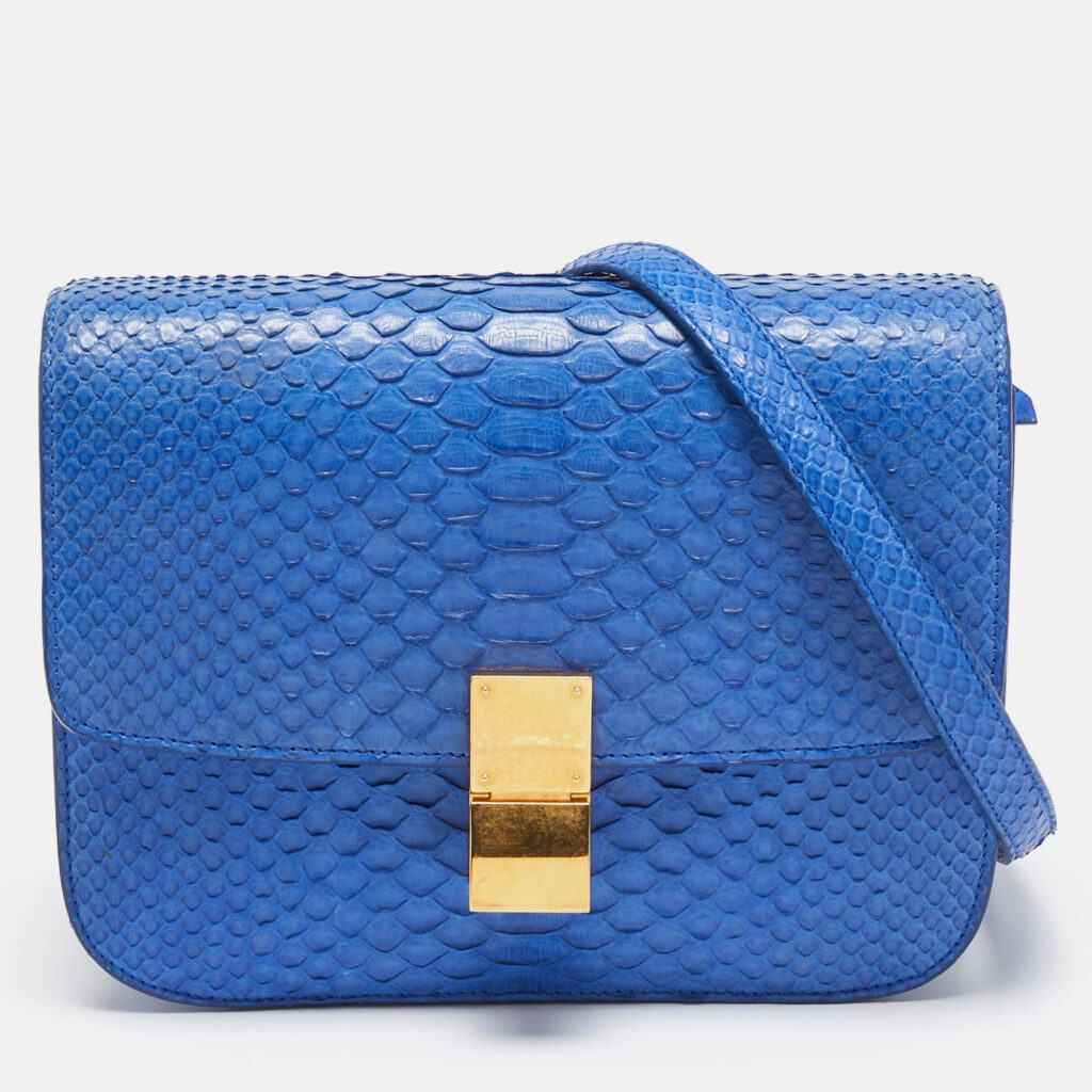 luxury-women-celine-used-handbags-p1101164-018 Celine Blue Python Medium Classic Box Shoulder Bag