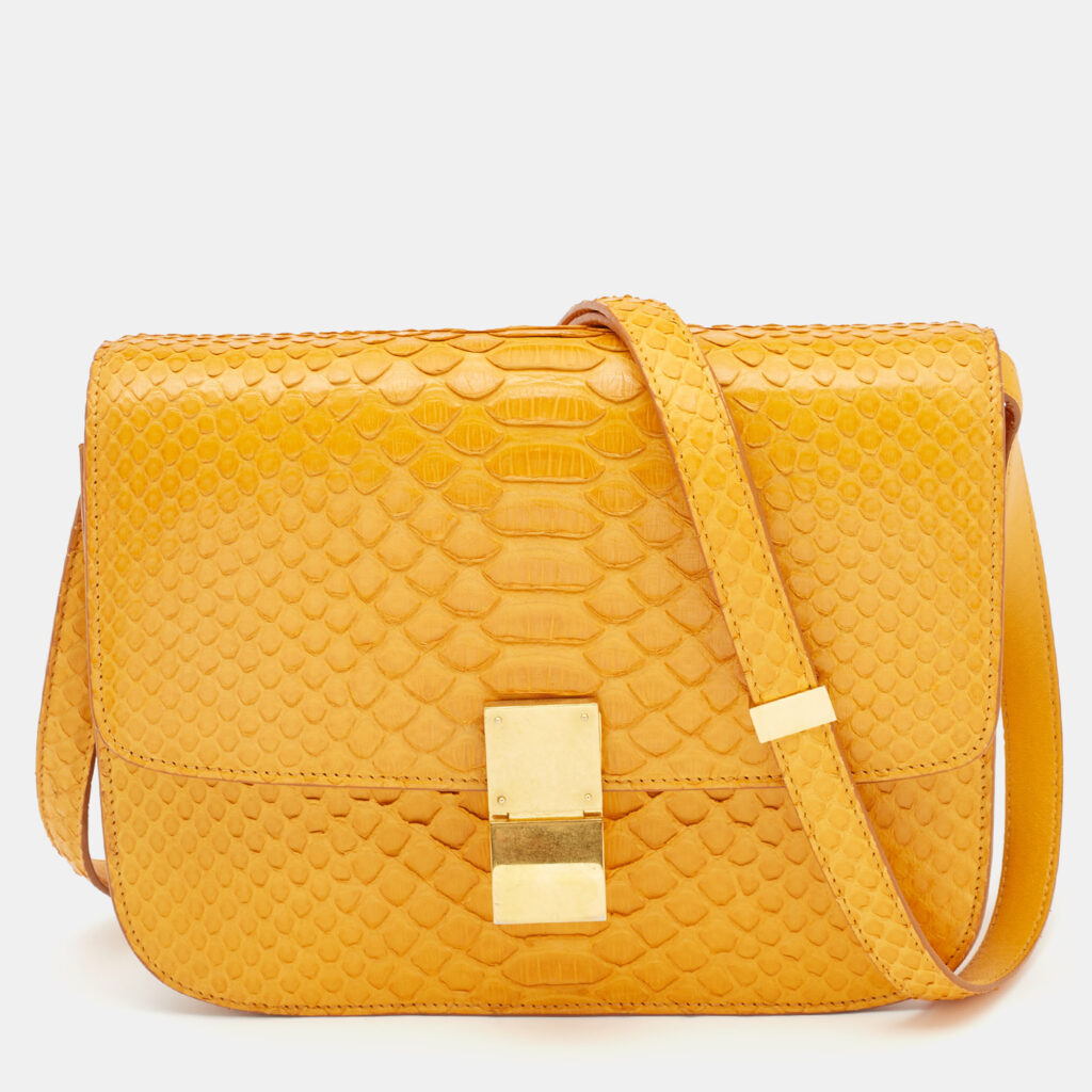 luxury-women-celine-used-handbags-p1101169-003 Celine Mustard Python Medium Classic Box Shoulder Bag