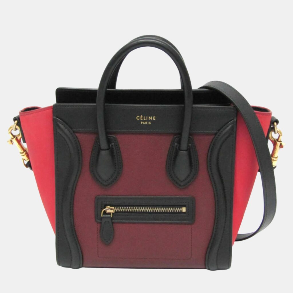 luxury-women-celine-used-handbags-p1101872-013 Celine Black Bordeaux Pink Luggage Leather Nano Shopper Handbag