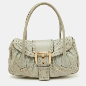 Celine Light Grey Perforated Leather Buckle Detail Satchel